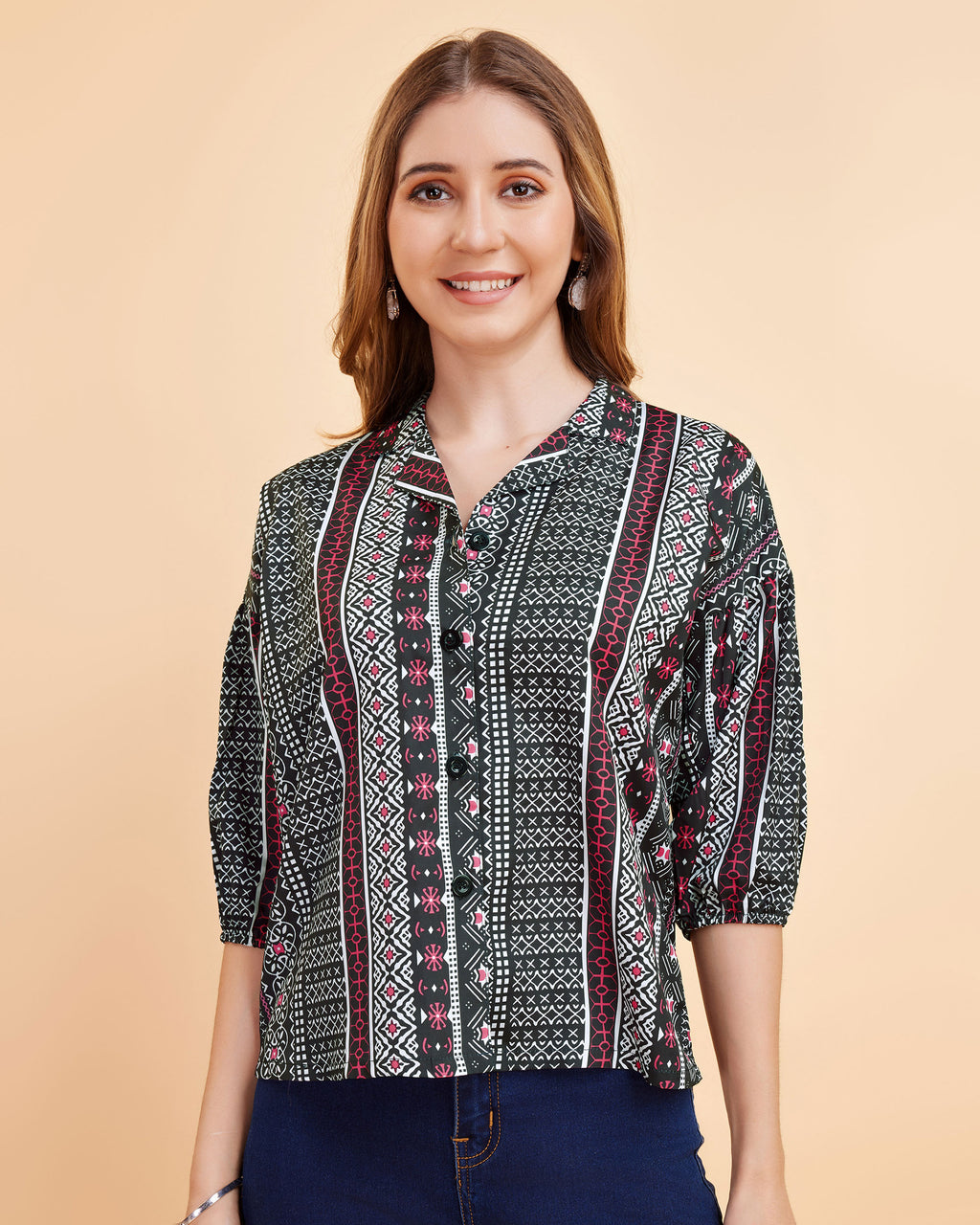 Women Wine Ethnic Print Puff Sleeve Button-Down Top