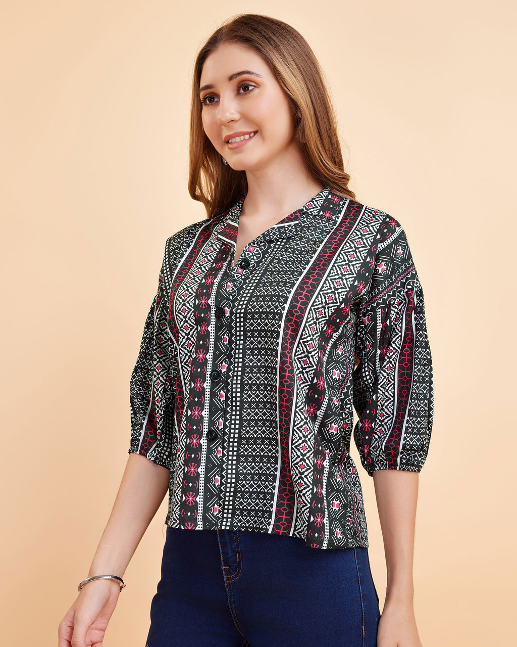 Women Wine Ethnic Print Puff Sleeve Button-Down Top