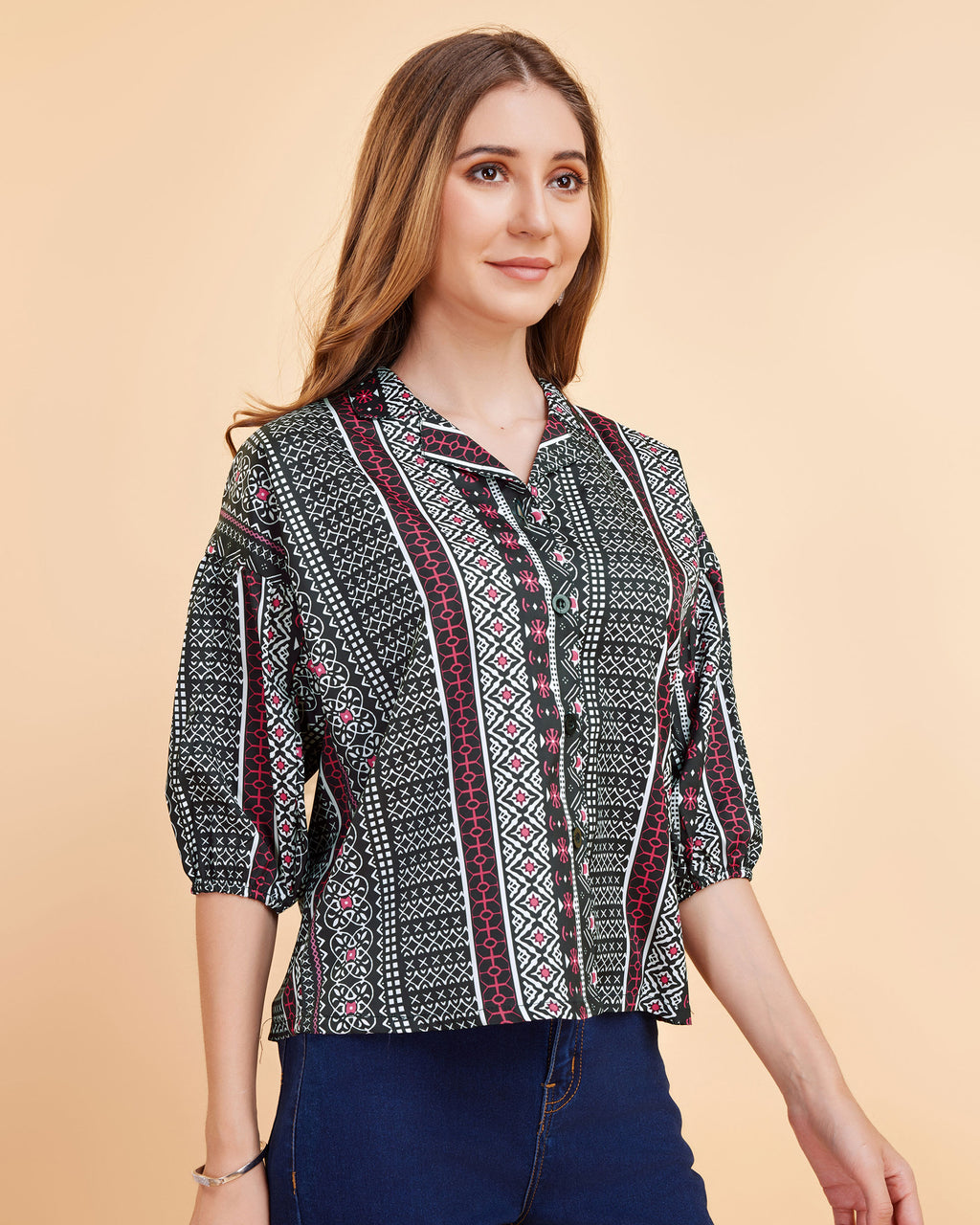 Women Wine Ethnic Print Puff Sleeve Button-Down Top