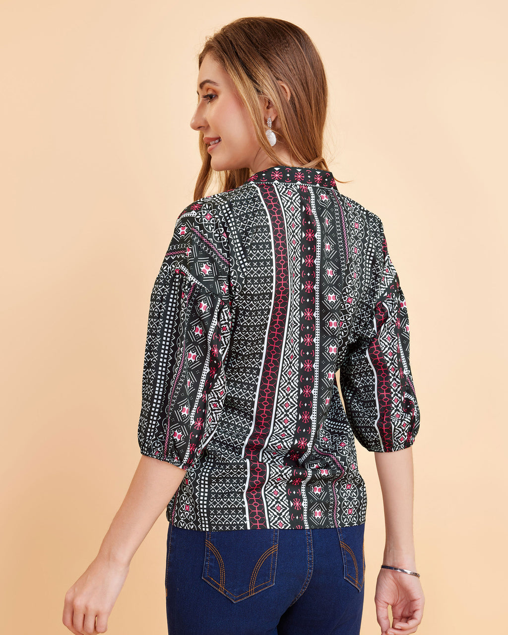 Women Wine Ethnic Print Puff Sleeve Button-Down Top