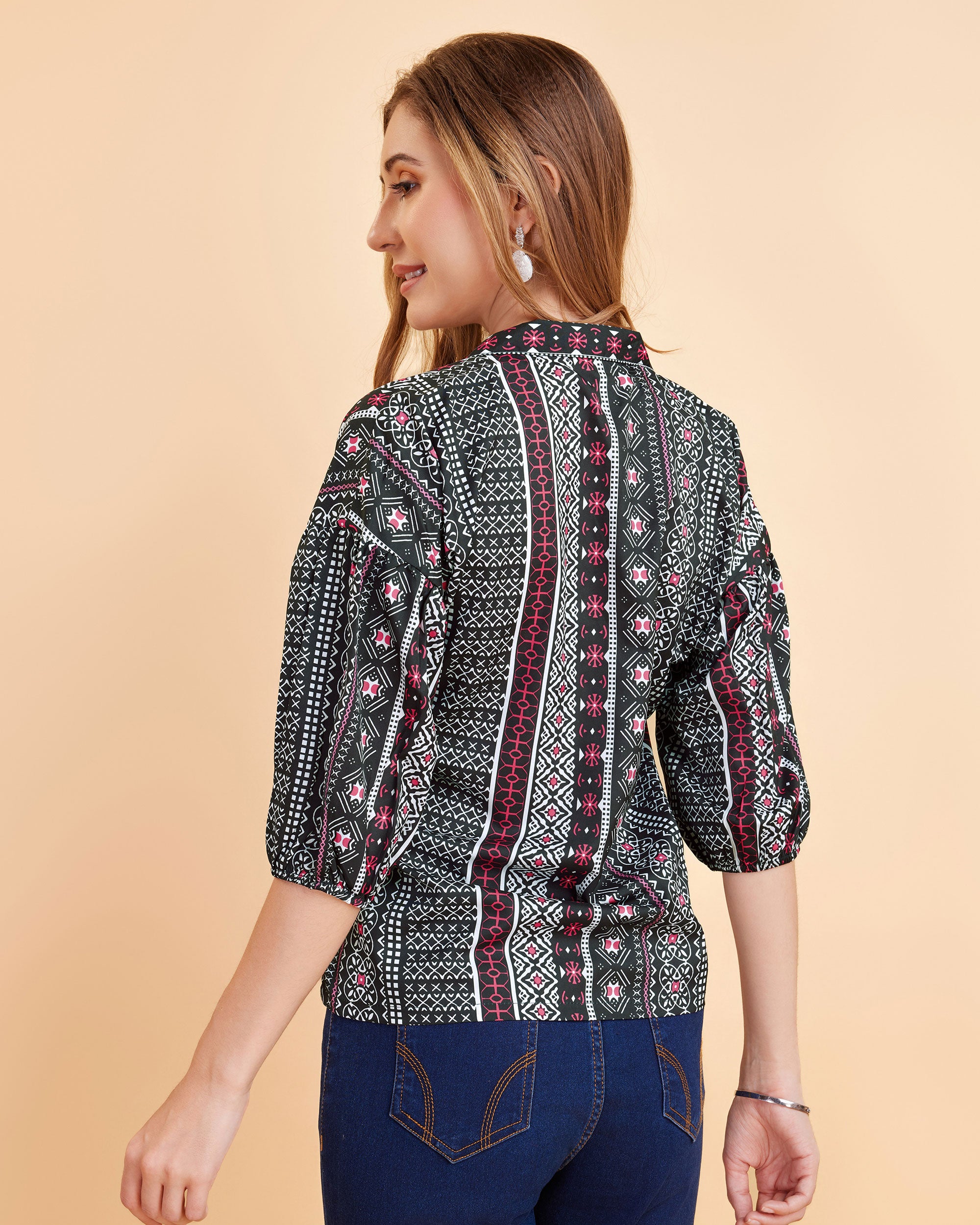 Women Wine Ethnic Print Puff Sleeve Button-Down Top
