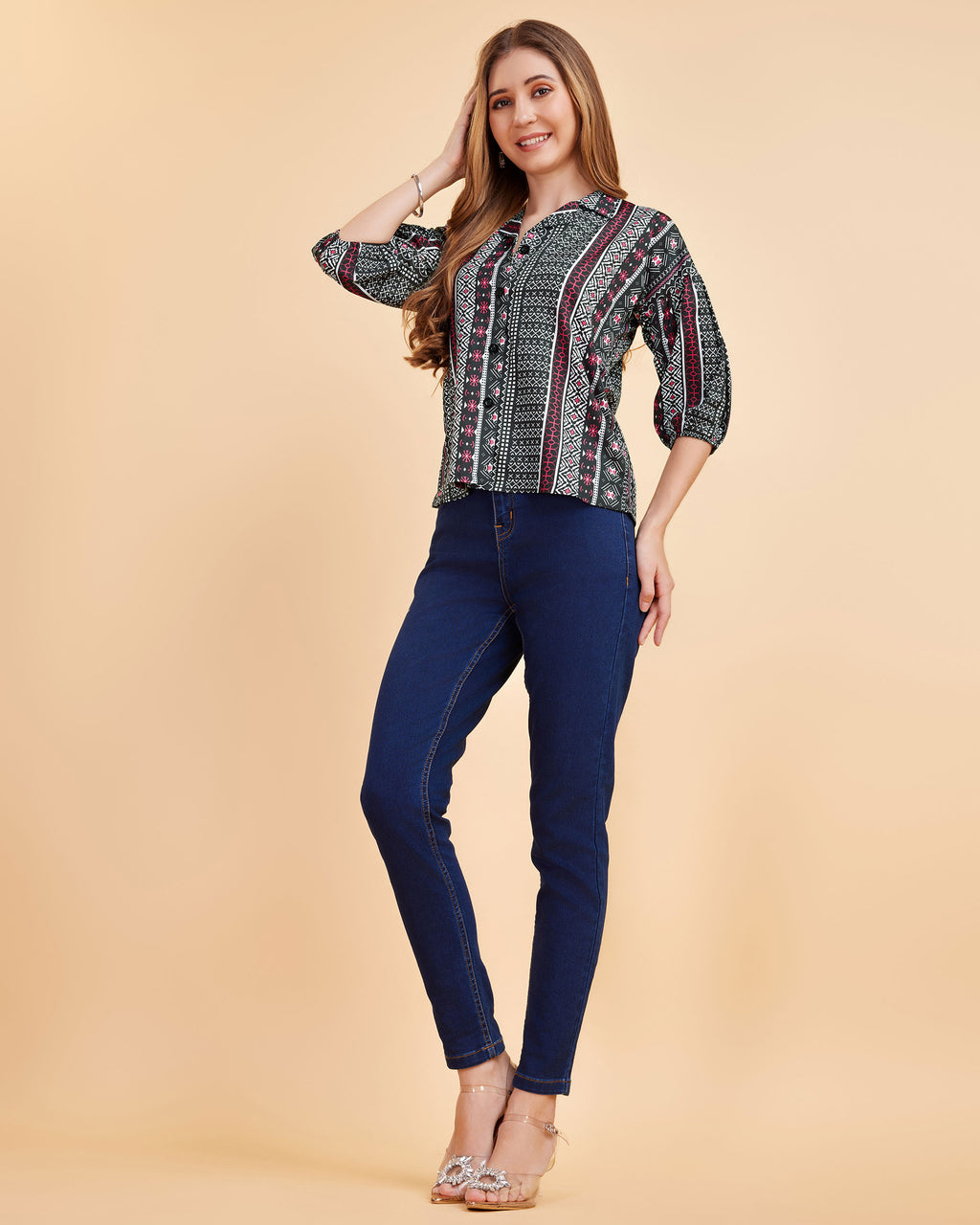 Women Wine Ethnic Print Puff Sleeve Button-Down Top